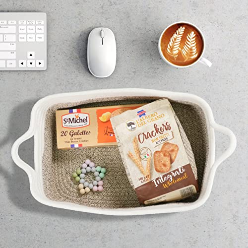 XUANGUO Medium Woven Cotton Rope Storage Basket with Handles | Small decorative rectangle storage bin for baby nursery items and cat toys; ideal as an empty gift basket or dog toy basket - color: white and brown