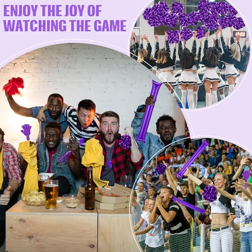 48 Pcs Cheerleading Pom Poms Thunder Sticks Plastic Whistles with Lanyards Squawker Horns Hand Clappers - color: purple