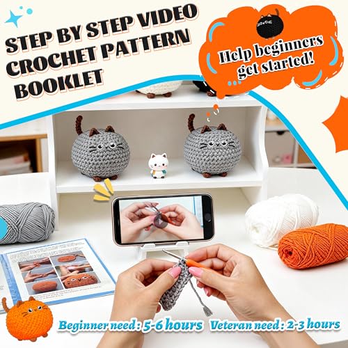 Joyclub Crochet Kit for Beginners 4 Cat Family with Video for Adults | Step-by-step video and 40% extra yarn support first projects for crochet starter; a amigurumi DIY gift for adult crafters - color: Crochet Cat