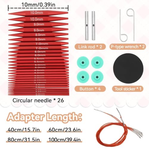 Interchangeable Aluminum Circular Knitting Needles Set, 13 Pairs of 3.0mm–10.0mm with 4 Flexible Cables, Crochet Hooks & Accessories, Knitting & Crochet Kit with Storage Case