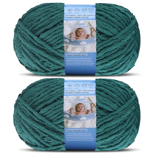 Super Bulky Blanket Yarn for Crocheting - 2 Pack of 200g/7.05oz 174yd/160m Super Soft Chenille Plush Yarn - Bulk Thick Yarns Used for Making Scarves, Baby Blanket, DIY Craft (2, Dark Green) - color: Dark Green