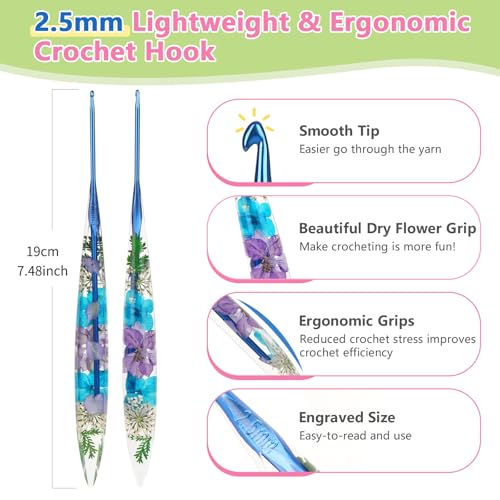 Katech 2.5mm Crochet Hook for Arthritic Hands, Long Aluminum Inline Hooks | Ergonomic Crochet Hooks with Dried Floral Grip-Elegant & Unique, Smooth Crochet Needle-Crochet Gift for Beginner&Crocheter - size: 2.5mm