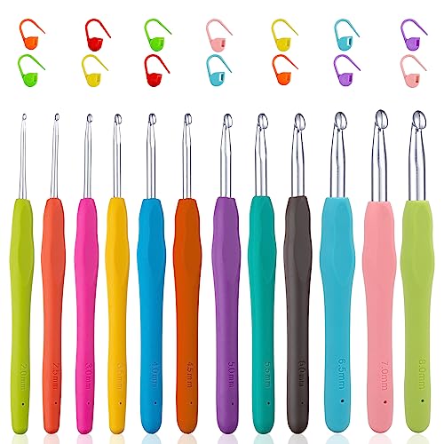 Vodiye 12 Sizes Crochet Hooks 2.0–8.0mm, Ergonomic Crochet Hook Set, Crochet Needles for Beginners, DIY Projects and Craft Lovers - size: 12 Size(2.0-8.0mm)