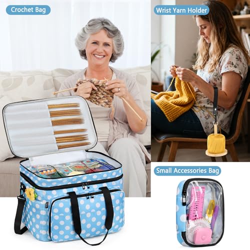 Crochet Organizer Bag with Yarn Holder, Large Yarn Storage for Accessories | 3PCS Crochet Knitting Bag with Accessory Pouch for Hooks, Needles, Travel Tote, Crochet Lovers, Gift for Crafters, No-Tangle - color: Polka Dots