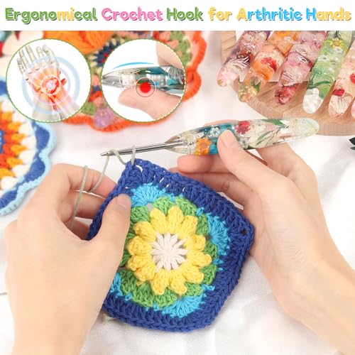 Katech 5 PCS Crochet Hook Set with Case (4.0mm, 5.0mm, 5.5mm, 6.0mm, 6.5mm) | Hand-Polished Stainless Steel Crochet Hooks with Dried Floral Grip, Ergonomic Crochet Hook for Arthritic Hands & Beginners - size: 5 Sizes(4.0-6.5mm)