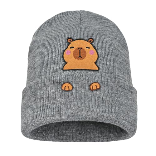 Personality Animal Head Embroidery Knit Beanie Hat for Adult and Big Kids Winter Warm Skull Cuffed Hats - color: Capybara 2-grey