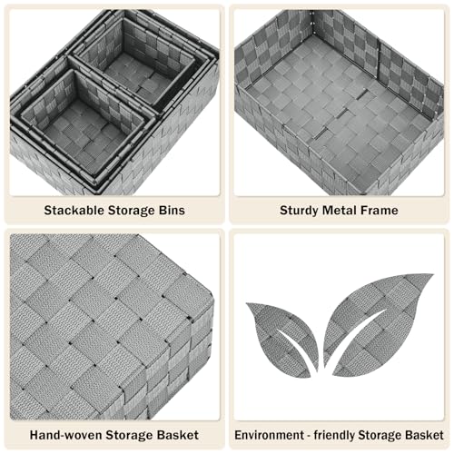Storage Baskets: 6 Pack Stackable Woven Storage Bins, Grey | Decorative Woven Baskets for Organizing with Built-In Handles for Shelves, Closets, Cabinets and Cubbies, Gift Small Basket - color: Grey, size: 6 pack