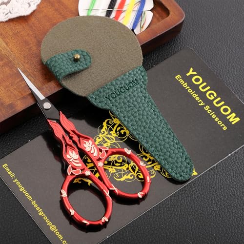 YOUGUOM Small Sewing Scissors with Cover, Needlework Shears | Sharp, Precision, Tiny Tip, for Embroidery, Craft, Crochet, Yarn, Scrapbook,Paper Cutting, Detail Thread Snips, Red - color: Golden Red