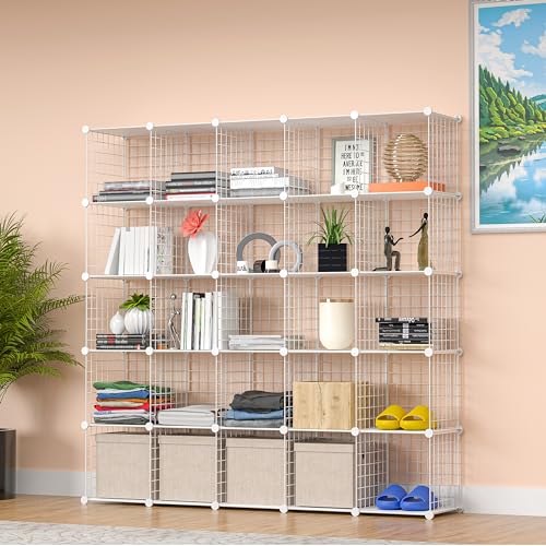Cube Storage Organizer, Metal 25-Cube Shelves Bookshelf, Portable Closet Clothes Organizer for Bedroom, Home, Office, White - color: White Plus Iron, size: 25 Cubes