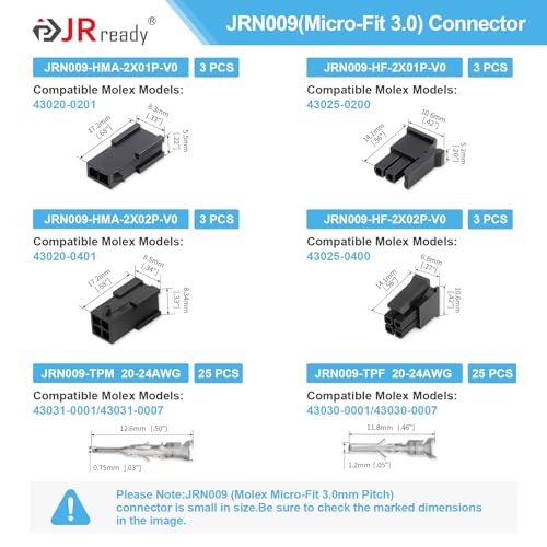 JRready Molex Micro-Fit 3.0 Connector Kit 2Pin 4Pin Dual Row 43020 Series Connector Housing Receptacle Plug 3.0mm Pitch with Crimp Terminals 20-24AWG 6 Complete Set ACTCRH6A13 - color: 6Pairs 2/4 Pin Standard Micro Fit 3.0