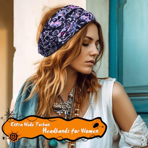 HAUHC 6 Pack Halloween Headbands for Women Hair Bands Skull Headbands Pumpkin Bat Wide Holiday Hair Bands, Holiday Gift Hair Accessories - color: 6PCS Printing