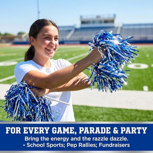 Metallic Blue & Silver Foil Textured Cheerleader Pom Poms- Pack of 10 | Anderson's Metallic Pom Pom School Spirit Shakers, Football, Basketball, Homecoming, Team Party, Performance, Fan Celebration - color: Blue & Silver Foil