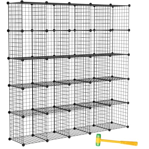 Wire Cube Storage Organizer, 25-Cube Modular Mental Grids Bookshelf, DIY Stackable Closet Cabinet for Bedroom Living Room, Office, Iron - color: Iron, size: 25 Cubes