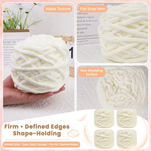Super Bulky Chenille Yarn for Crocheting – 4 Pack of 100g/3.5oz, CYC #6 Super Bulky Weight Rope-Like Chunky Yarn, Fuzzy Matte Thick for Crocheting Blankets, Bags & Rugs (Cream White) - color: Cream White