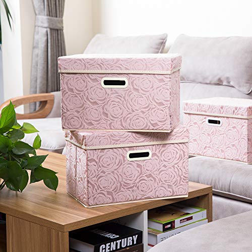 PRANDOM Collapsible Storage Boxes with Lids [5-Pack] Fabric Decorative Storage Bins Cubes Organizer Containers Baskets with Cover Handles Divider for Bedroom Closet Living Room Pink 14.9x9.8x9.8 Inch - color: Pink, size: Medium(5-Pack)