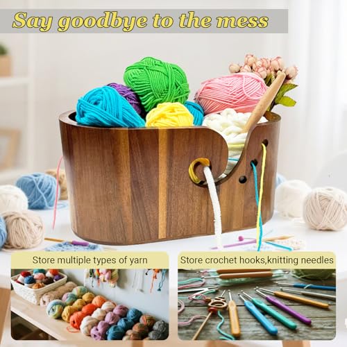 Large Yarn Bowl for Crocheting (11.8'' x 6.1'' x 5.9'') | Acacia Wooden Yarn Bowl Oval Knitting Yarn Bowl Swirl Design-yarn holder bowl Gift for Knitters & Crocheters