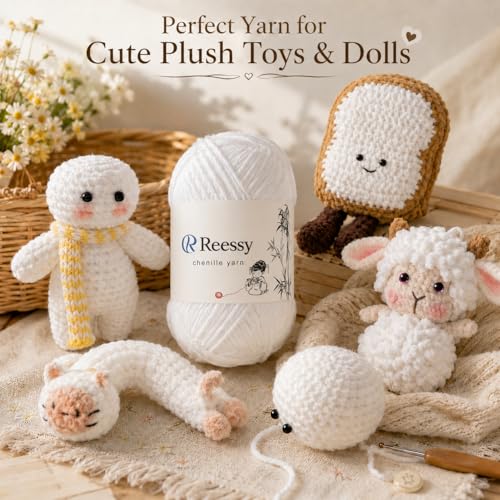 Skinny Chenille Yarn for Crocheting - 6 Pack of 50g/158yd (948yd Total) - Soft Matte Thin Chenille CYC #2 - Fine Weight Baby Yarn for Plush Toys, Baby Blankets & Small Crafts(Snow White) - color: Snow white
