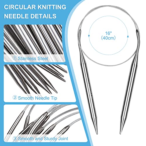 Aeelike Circular Knitting Needles Set, 2.5-10 mm Round Needle, 16 inches | 9 PCS Smooth Long Needle Stainless Steel ( 40cm), Complete Smooth Needles Set for Socks Sweater Scarves DIY Craft, Ideal Gift - size: 40cm(from tip to tip)