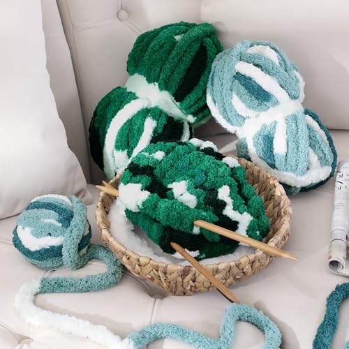 MABOZOO Tie Dye Chunky Yarn for Crocheting 8 Pack,Green,Black,White Fluffy Jumbo Chenille Yarn,Soft Plush Yarn Bulky,Giant Thick Fuzzy Yarn for Hand Knitting or Arm Knitting (26 yds,7.5 oz Each Skein) - color: Green,Black,White
