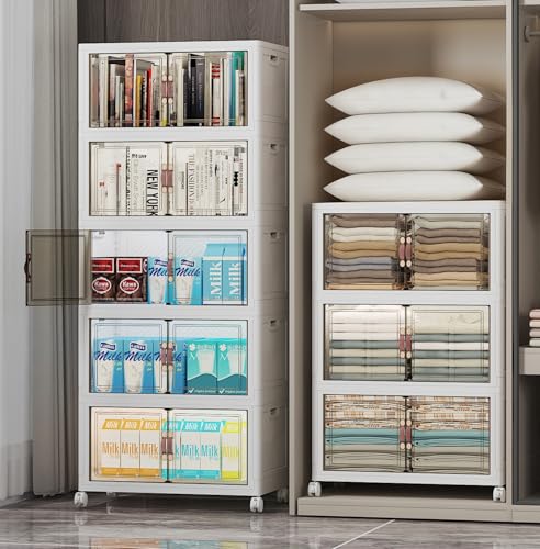 UAMFURI Stackable Storage Bins, 416QT Collapsible Drawers with 2 Lids | Large Capacity, Magnetic Door, Stack Lock, Rolling Wheels, Foldable Design, Organizers and Storage for Bedroom Dorm Garage - color: White-52qt, size: 8Pack with 2 top lids