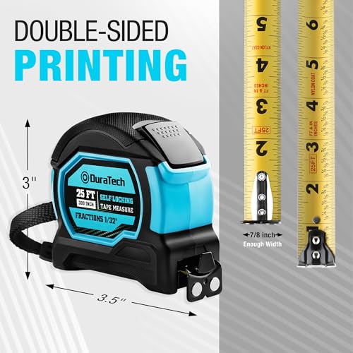 DURATECH 25FT Auto-Lock Magnetic Tape Measure, Easy Read, Double Sided | Measuring Tape with Fractions 1/8″, Measurement Tape with Minimum Scale 1/32″, Magnetic Hook, and Rubber Protective Casing