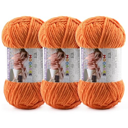 Mooaske Chenille Yarn for Crocheting, 300g/393yds Fluffy Baby Blanket Yarn | Soft plush thick chenille yarn for crocheting. 300g/393yd total. Ideal for baby blankets, amigurumi, scarves & home decor. - color: Orange