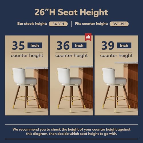 26 Inch White Leather Swivel Counter Bar Stools Set of 2 | Upholstered pleated backs, wood legs, gold footrests, 300lbs capacity swivel chairs for home kitchen islands - color: White, size: 26" Counter Height-2 Pieces