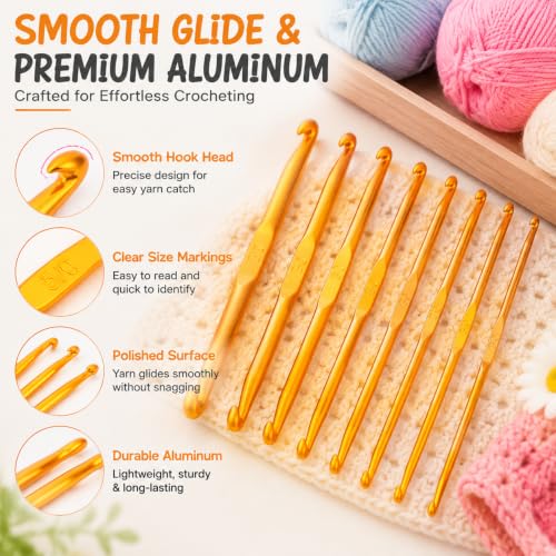 Aluminum Double End Crochet Hook Set, 8 Sizes 1.0-8.0mm Ergonomic Knitting Needles Kit with Soft Grip Handle, Smooth Glide Weave Craft Crochet Hooks for Beginners and Experienced Crocheters