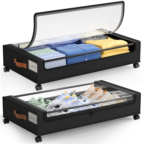 LAMU Under Bed Storage with Wheels, 2Pack Underbed Storage Containers,Black | Smooth-rolling Wheels, Clear Lid & Label, Sturdy Metal Frame, Easy Install, Rolling Storage Drawers for Clothes, Shoes, Toys - color: Black, size: 2 Pack