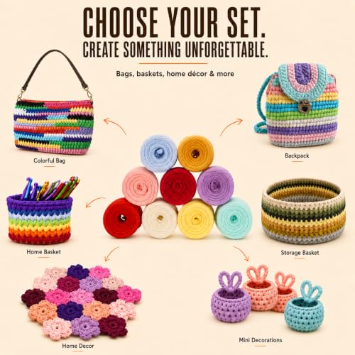 Bobilon 7-9 mm T-Shirt Yarn Kit - 9 Cotton Balls, Crochet - Angelina Set | 9 balls of 100% cotton t shirt yarn, 196 yds total, 7-9 mm; matching colors for crochet, knitting and macrame - color: Angelina