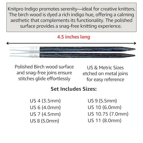 KnitPro Indigo Wood 5-Inch Interchangeable Circular Knitting Needle Set | US 4, 6, 7, 8, 9, 10.75, 11 Incl. Tapered Sharp Tips, 4 Memory-Free Cables, 8 Caps, 4 Keys, Fabric Case & Project Bag