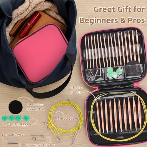 Interchangeable Circular Knitting Needles Set, 13 Pairs (26pcs) Rose Gold Aluminum Knitting Needles Kit, Sizes 3.0mm–10.0mm, Knitting Needle Case & Accessories for Knitting Beginners & Advanced - color: Rose Gold