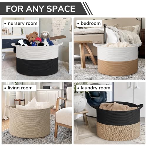 INDRESSME 115L Extra Large Woven Rope Blanket Basket Living Room WhiteBlack | 23.6" x 15.7" Storage baskets for toys laundry & pillows. Fits living room, bedroom or nursery décor. Soft-touch with handles - color: White & Black, size: 23.6"D x 15.7"H