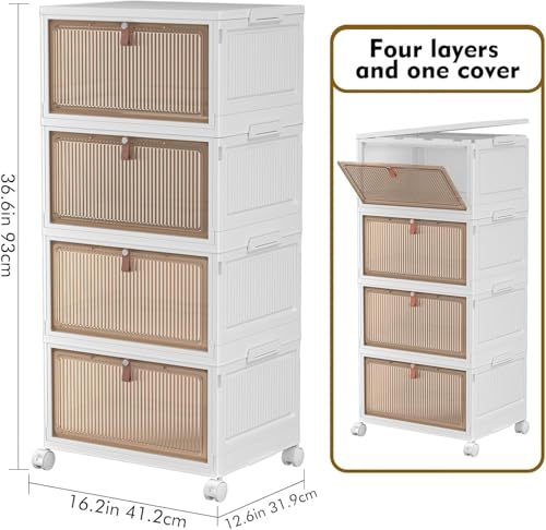 YFXCVSL 4 Tier Plastic Storage Bins with Lid 32QT, Stackable Storage Bins | Plastic Storage Bins with Wheels, Folding Storage Boxes, Organizers and Storage for Living Room,Office,Dorm - size: 4-Tier 32QT
