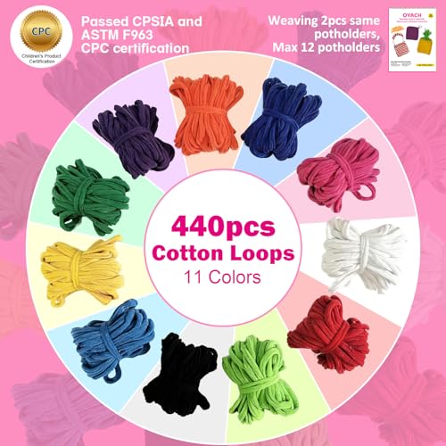 OYACH 7inch Cotton Potholder Metal Weaving Loom Loop,440 Potholder Loom Kit | 11 Colors 440 Rainbow Loops,12 Potholders,Metal Loom, 10 Rings Hook, DIY Crafts for Kids Adults, Gift for 6 7 8-12 Year Old - color: Weaving Loom Kits
