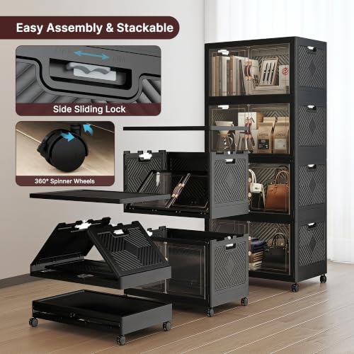 UAMFURI Stackable Storage Bins with Lids, 440QT Lockable Storage Cabinet | Closet Organizers, Foldable Storage Box with Doors and Wheels, Plastic Drawers for Home, Garage, Office (4, Black, Plus) - color: Black, size: Plus