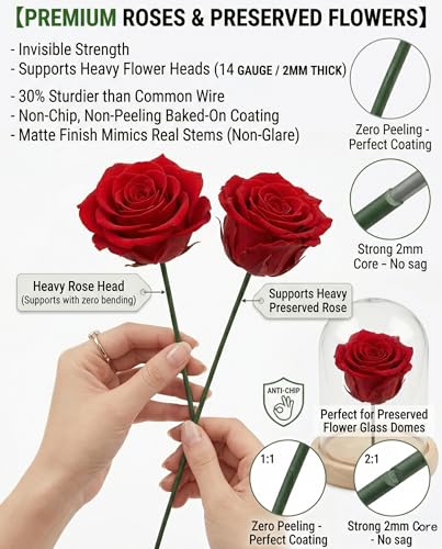 Floral Wire Stems for Flower Arrangements - 100Pcs 15.7-Inch 2mm Dark Green Craft Floral Wire, Bendable Stems for Bouquets, DIY Paper Flowers, Wedding Decor, Home Crafting