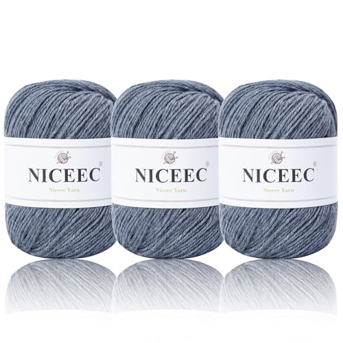 NICEEC 3 Skeins Soft Merino Wool Yarn- Blue | Soft & Warm, Finger Weight, Woolen Yarn for Crochet & Knitting, Total 5.3oz/606yds - color: Blue