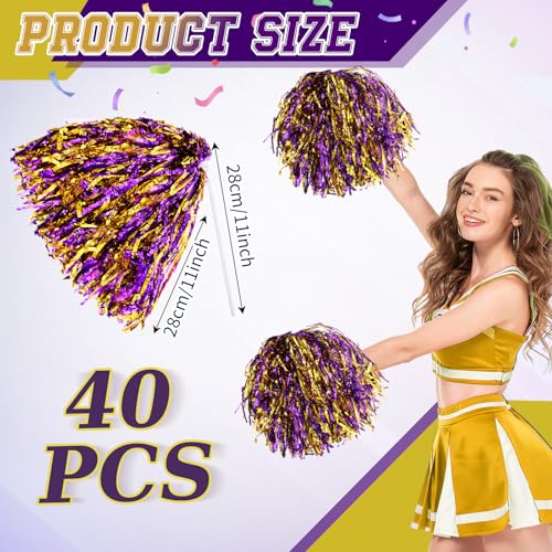 Vinsot 40 Pcs Cheerleading Pom Poms Bulk, Metallic Foil School Spirit Shakers Cheer Pom Poms with Plastic Long Handle for Soccer Basketball Sport Dance Team Squads Fan Celebration - color: Purple Gold Mix