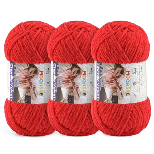Mooaske Chenille Yarn for Crocheting, 300g/393yds Fluffy Baby Blanket Yarn | Soft plush thick chenille yarn for crocheting. 300g/393yd total. Ideal for baby blankets, amigurumi, scarves & home decor. - color: Red