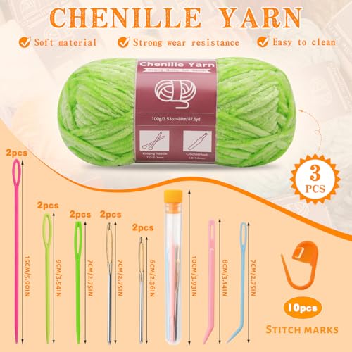 LUNARM Chenille Yarn 3 Pack 3.5oz Chunky Blanket Velvet Yarn 263 Yard | Grass Green Chunky Chenille Yarn for Beginners Crocheting Hand Knitting Scarves with Big Eye Needles Machine Washable - color: Grass Green