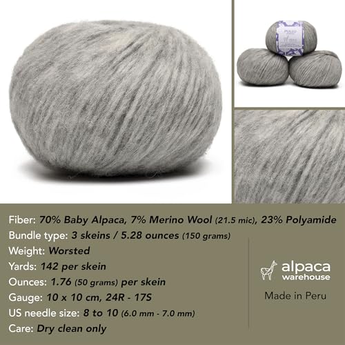 Baby Alpaca Merino Yarn 3 Skeins 150g Worsted Weight Knitting H. Silver | Pullu baby alpaca merino blend made in Peru 3 skeins 150g 426yd total for knitting and crochet sweaters scarves and hats - color: Heather Silver