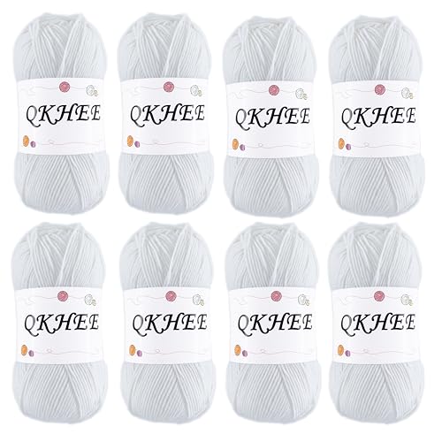 QKHEEYarn for Crocheting and Knitting 8 * 1.76 Oz (50G) /195yd,Fine/Fingering Weight (1), 60% Cotton 40% Acrylic Soft Yarn kit for Making Granny Squares and amigurumi (White) - color: White