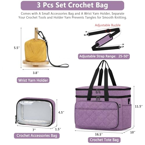 Crochet Organizer Bag with Yarn Holder, Large Yarn Storage for Accessories | 3PCS Crochet Knitting Bag with Accessory Pouch for Hooks, Needles, Travel Tote, Crochet Lovers, Gift for Crafters, No-Tangle - color: Purple