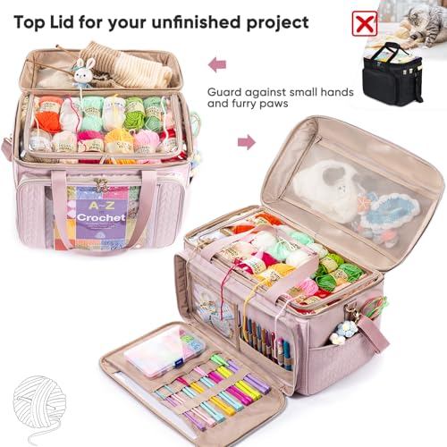 MYBAGZING Large Yarn Storage Bag,Crochet Bag Organizer,Yarn Bags for Crocheting,Crochet Storage Bag with Pockets for Crochet Hooks, Crochet Accessories,Knitting Bags,Gifts for Crocheters - color: Pink, size: Large