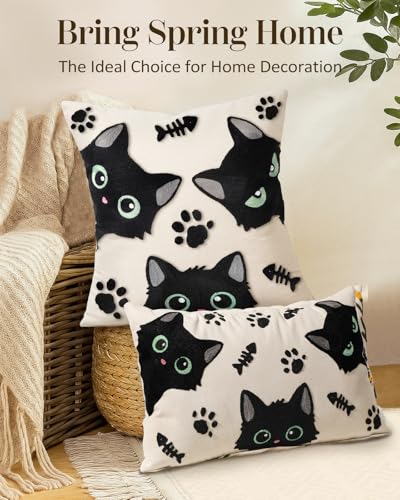 Embroidered Lumbar Pillow Cover 20x12 Inch, Cat Bone | Decorative Throw Pillow Cover, Whimsical Cushion Case with Hidden Zipper, Cottagecore Decor for Couch, Sofa, Living Room - color: Cat Bone, size: 20" x 12" (Pack of 1)