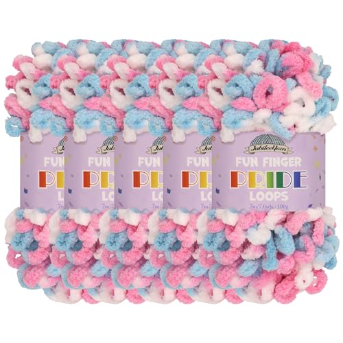 JubileeYarn Fun Finger Pride Loops Yarn - 100g/Skein Jumbo Polyester - Coccinelle - 5 Skeins - color: 056 Coccinelle