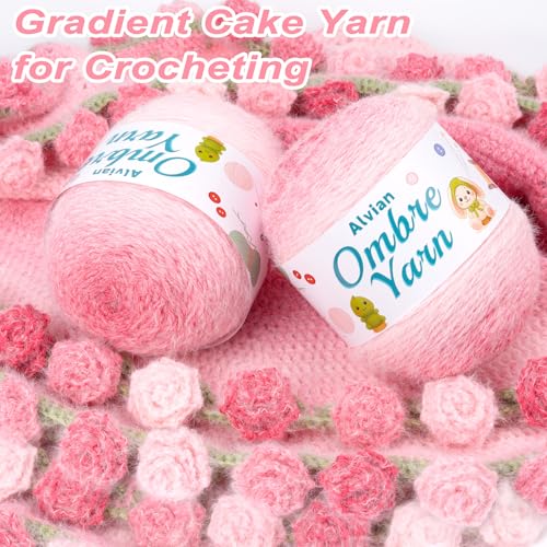 Alvian Ombre Crochet Cake Yarn for Crocheting, 2 Large Skeins Gradient Cake Yarn 200g (7.05 oz) 380m (415 Yards), Ombré Yarns Cake Rainbow Cotton Yarn for Blankets, Scarves, Shawls (Pink) - color: Pink