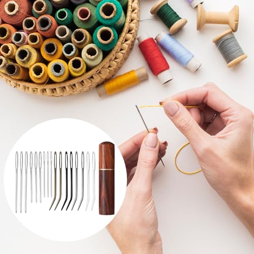 17pcs Large Eye Sewing Needles Kit, Include Curved Tapestry Needle & Straight Blunt Needle Sharp Large-Eye Hand Knitting Needles with Wooden Case for Crochet Projects