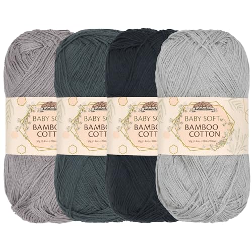 JubileeYarn Baby Soft Bamboo Cotton Yarn - 50g/Skein - Shades of Grey - 4 Skeins - color: Shades of Grey, size: 4 Skeins